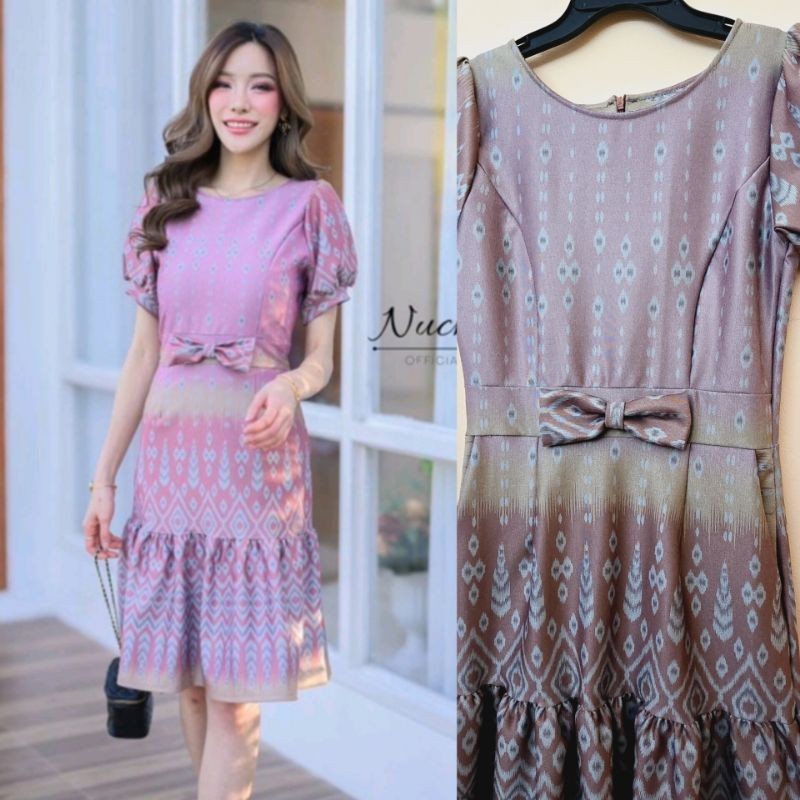 389บ เดรสไทย ลายไทย ชุดไทย ไซส์ S M L มีอก 36,39 สีชมพู กลีบบัว มือหนึ่ง Nuchi ทรงสวย ปลายระบาย แขนต