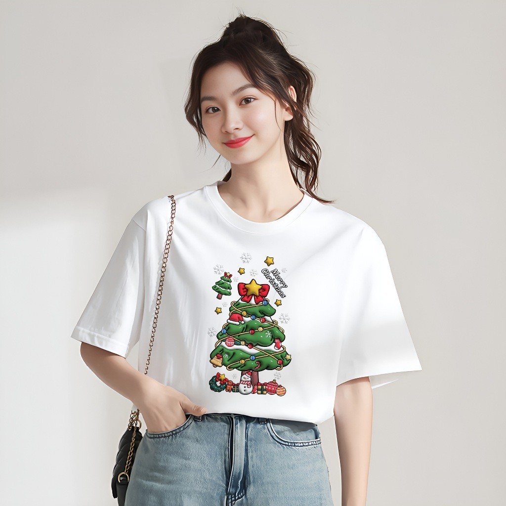 เสื้อยืดผู้หญิงแฟชั่นสาวลายคริสต์มาส3Dคอกลมแขนสั้นเนื้อผ้านุ่มใส่สบาย
