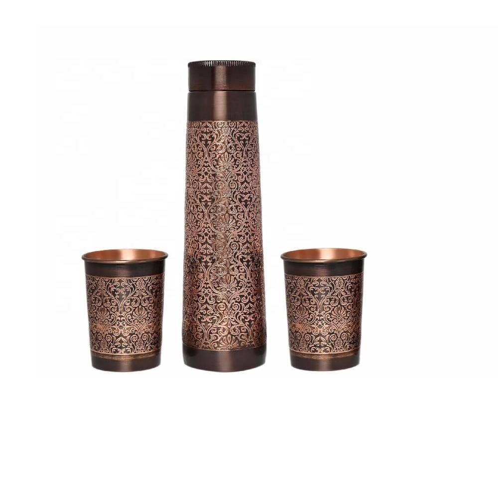 Floral Pattern Pure Copper Water Bottle with 2 Tumblers Set Ayurvedic Pure Copper Water Bottle Yoga 