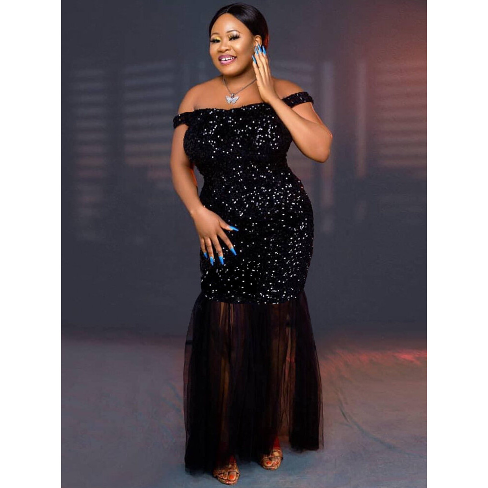 Aomei black evening dresses women velvet sequin mermaid evening gown off shoulder sleevesstulle tier