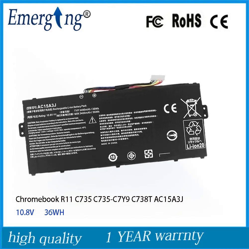 10.8V AC15A3J แบตเตอรี่แล็ปท็อปสำหรับ Acer Chromebook 11 C735 CB3-131 R 11 C738T 36Wh