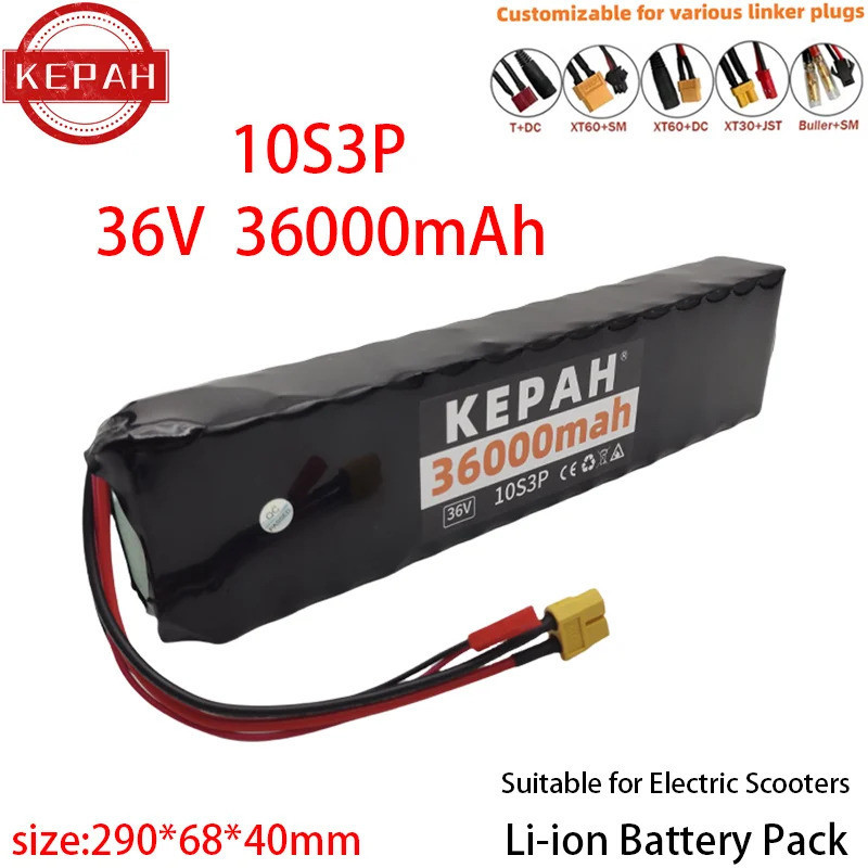 36V 36Ah แบตเตอรี่ลิเธียมแบบชาร์จไฟได้18650 10S3P 500W ดัดแปลง36V แบตเตอรี่สกู๊ตเตอร์ไฟฟ้าพร้อม BMS, SYP XT60 JST