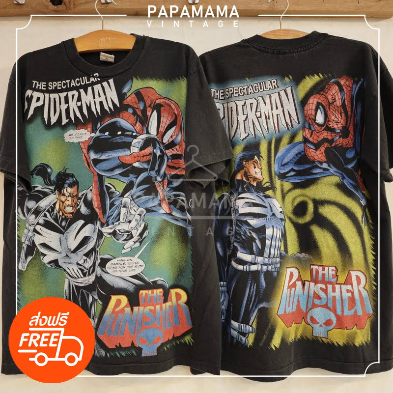 [ SPIDERMAN ]  VS The PUNISHER ป้ายดาบแดง USA เสื้อการ์ตูน Marvels เสื้อวินเทจ papamama vintage shir