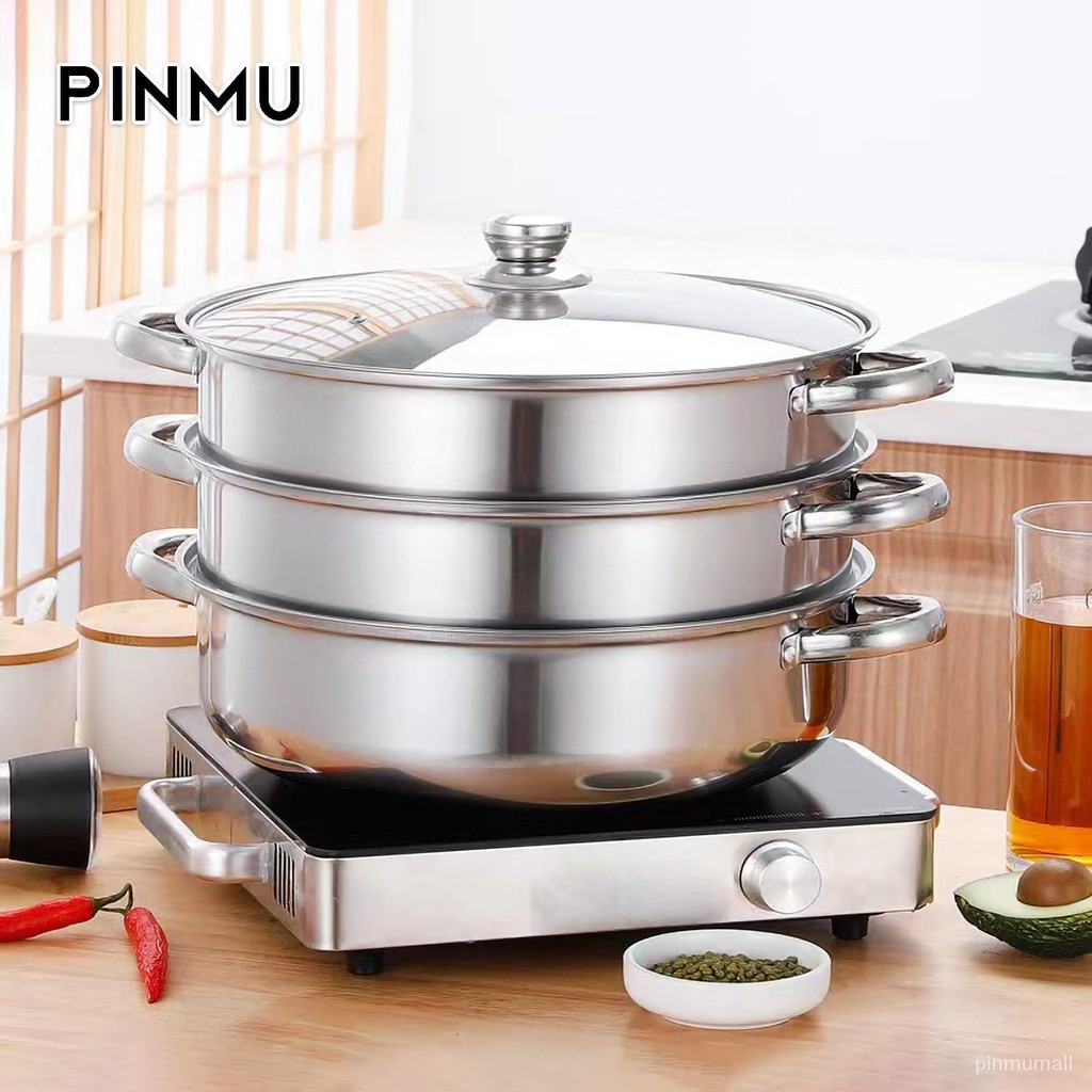 PINMU หม้อซุปข้นสแตนเลสสตีลหนานึ่งหนึ่งสองชั้นสามชั้นหม้อนึ่งซุปหม้อไฟนึ่งหม้อไฟฟ้าในครัวเรือน