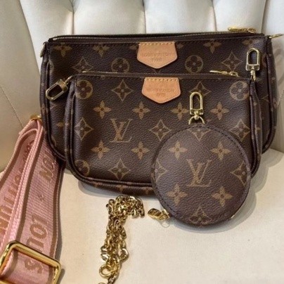 LV MULTI POCHETTE มือสอง M44813 M44840 สีชมพู/บันทึกกระเป๋าสะพายไพ่นกกระจอกสามในหนึ่งเดียว