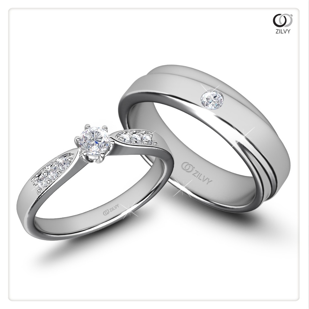 Zilvy - แหวนคู่เพชรน้ำร้อย (GR1296/BR018) ตัวเรือนเงินแท้ชุบทองคำขาว