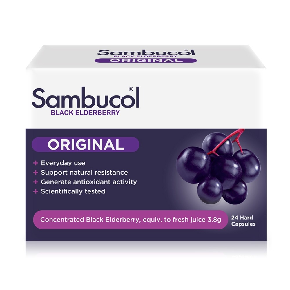 แท้ 100% ฉลากไทย Sambucol Black Elderberry Capsule แบบเม็ด 24 Capsules วิตามินผู้ใหญ่ 1 กล่อง
