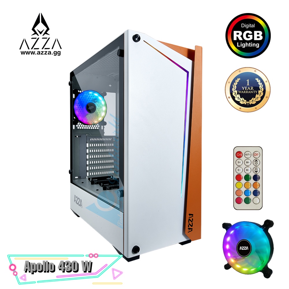 AZZA Mid Tower Tempered Glass ARGB Gaming Case APOLLO 430DF2 With RF remote control - White