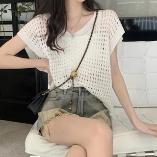 FYP เสื้อตาข่าย คอวี เสื้อถักไหมพรม แขนสั้น เสื้อถักตาข่าย ใส่คลุมBikini