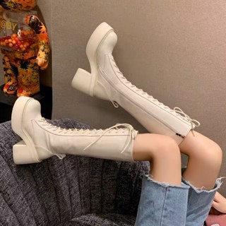 รองเท้าบูทมาร์ติน ส้นสูง ส้นหนา สีขาว แฟชั่นฤดูใบไม้ร่วง และ…