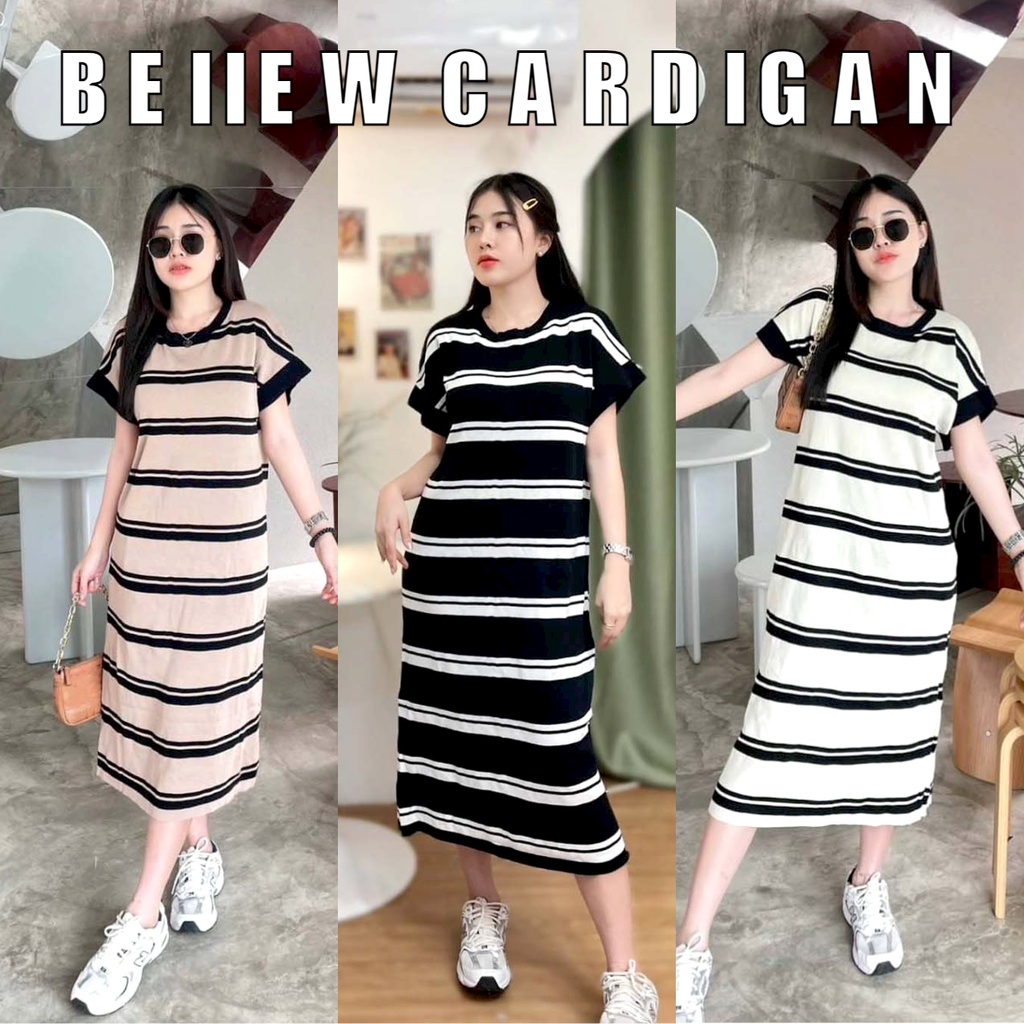 Beiiew งานเอาใจสาวพลัสไซส์งานเดรสไหมพรมทรงถ่วงยาว ทรงคอกลมแขนสั้น ผ้าทอลายเส้นริ้วสลับสี งานนจัดมาเอาใจสาวทุกไซส์เลยจ้า