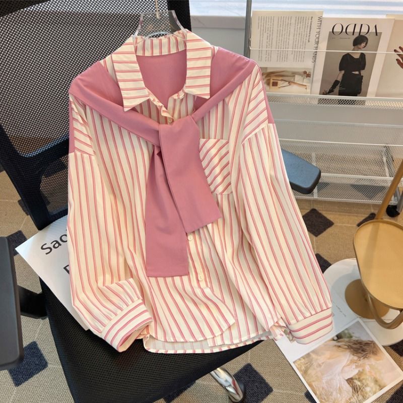 พร้อมส่ง✨แฟชั่นเกาหลีสีชมพูสบายลายลำลองเสื้อโปโลมืออาชีพลูกไม้ขึ้นผ้าคลุมไหล่ประกบเสื้อหลวมแขนยาวด้านบน 5 สี