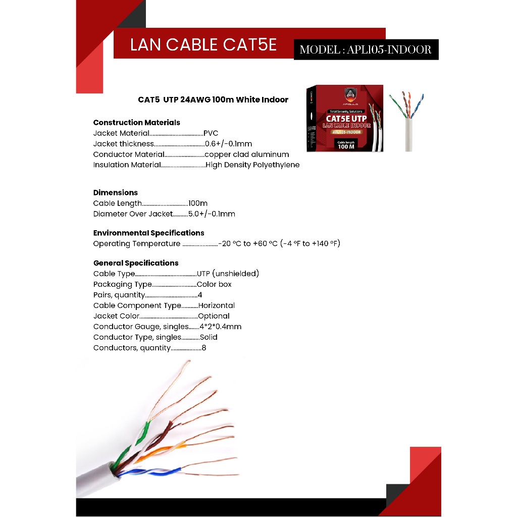 Apollo รุ่น APL105-INDOOR สายแลน Lan Cable UTP CAT5E indoor สำหรับใช้ภายใน 100m./Box สายอินเตอร์เน็ท