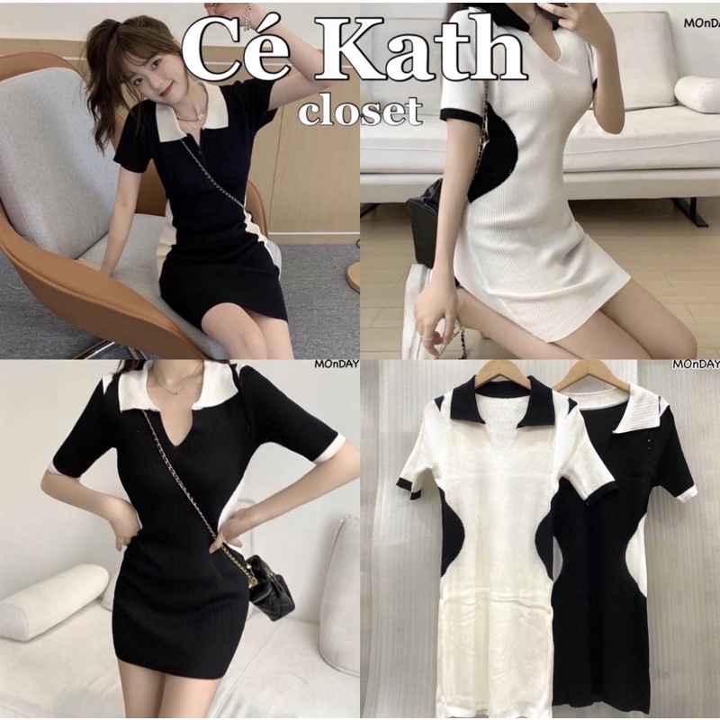 Cekath เดรสคอปกไหมพรมขาวดำไซส์เล็ก CD10