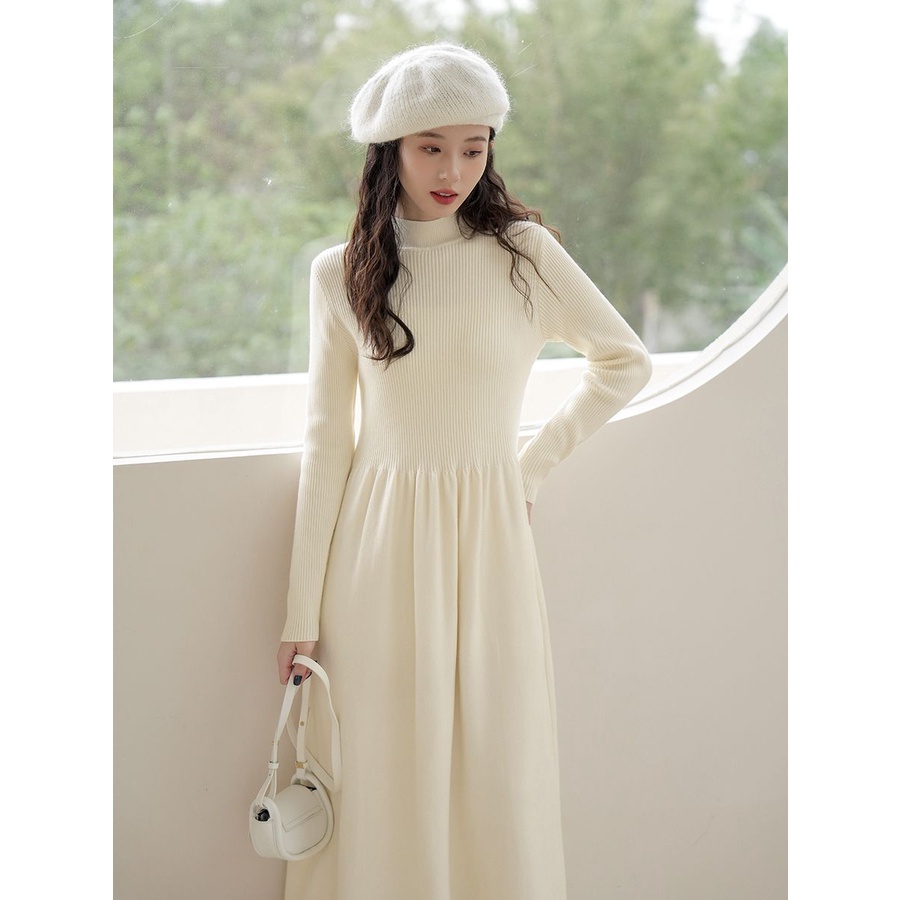 ชุดเดรสกระโปรงยาว ผ้าถัก เอวสูง สีดํา แฟชั่นฤดูใบไม้ร่วง และฤดูหนาว สไตล์เฮปเบิร์น สําหรับสตรี