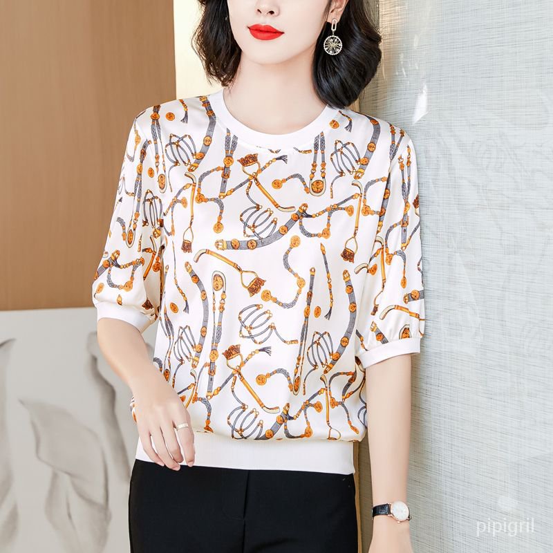 เสื้อยืดแขนสั้น ครอป ผ้านิ่ม สไตล์ฝรั่งเศส เกรดสูง วัยกลางคนและผู้สูงอายุปกปิดหน้าท้องและลดอายุ ชุดแม่ชุดฤดูร้อนไซส์ใหญ่