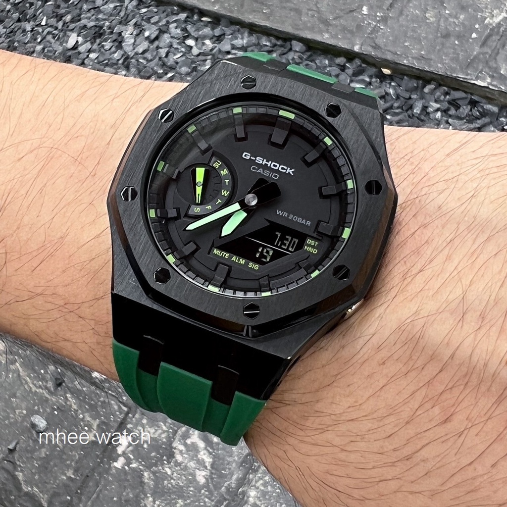GShock GA-2100 Customized AP Style Black Face Starbucks Green Rubber With Neon Hands