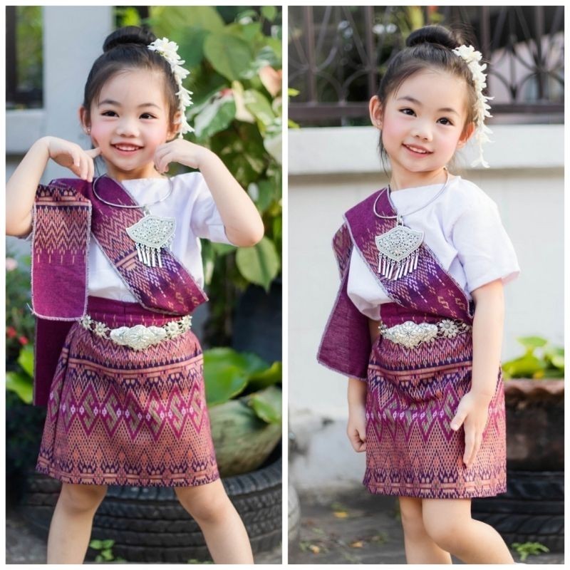 Nd ชุดไทยพื้นเมืองอีสาน เด็กผู้หญิง เสื้อ+ผ้าถุง+สไบ (ไม่รวมเครื่องประดับ)