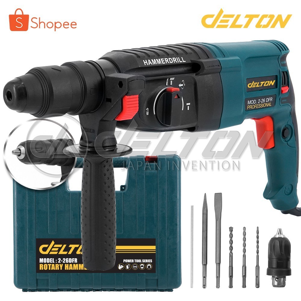 DELTON 2-26 สว่านโรตารี่ เจาะกระแทก 3 ระบบ 26 มม. 1,250W (เปลี่ยนหัวสว่านได้) สว่านเจาะปูน รุ่น 2-26DFR ดอกเจาะ 5 ดอก