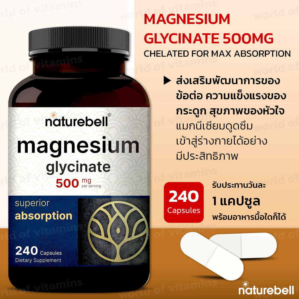 ระบบหัวใจหลอดเลือด ข้อ กระดูกภูมิคุ้มกัน NatureBell Magnesium Glycinate 500mg, Chelated for Max Absorption(No.2266)