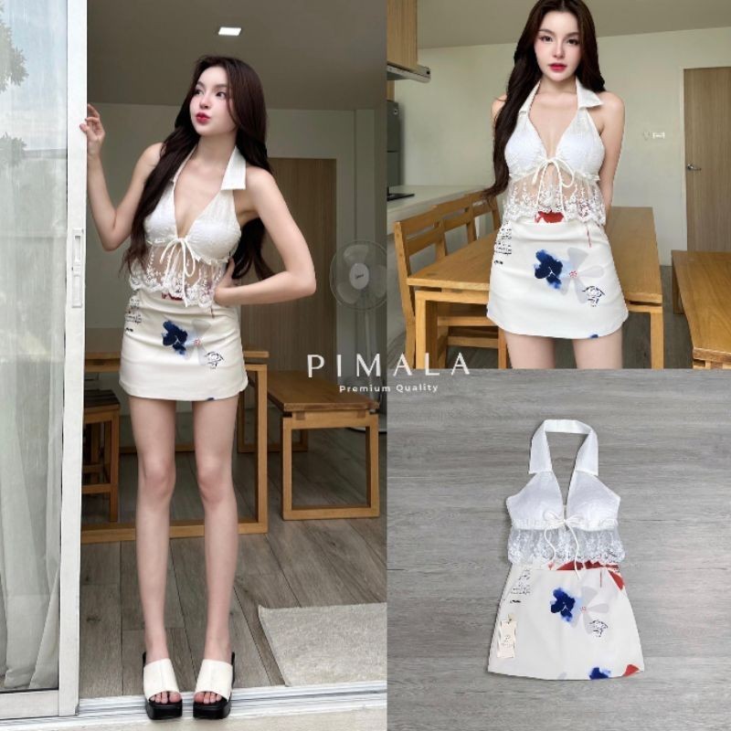 Pimala SETเสื้อ+กระโปรง เสื้อคอปกสีขาวลายลูกไม้มาคู่กับกระโปรงลายน่ารักมากๆ