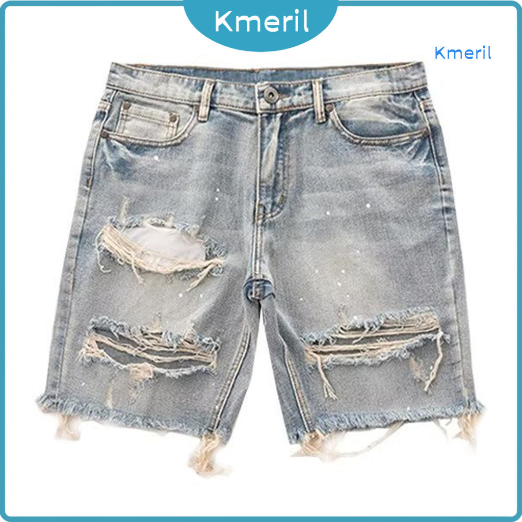 กางเกงยีนขาสั้น ความยาวเข่า แต่งรอยขาด แฟชั่นฤดูร้อน สําหรับผู้ชาย