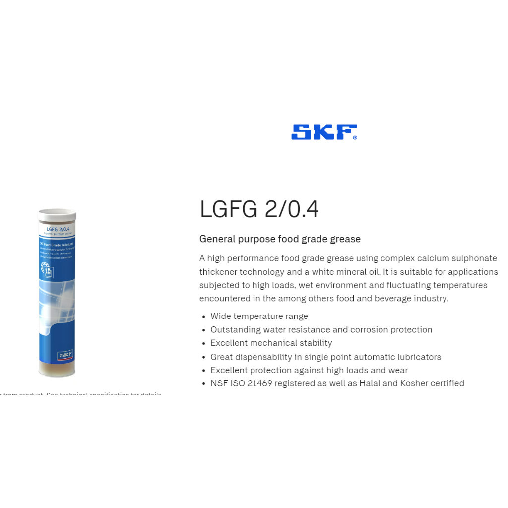SKF LGFG2 จาระบีชนิดพิเศษ (เบอร์ใหม่) LGFP เบอร์2 ขนาด 400g. ใช้งานผลิตอาหาร Food Grade Lubricant