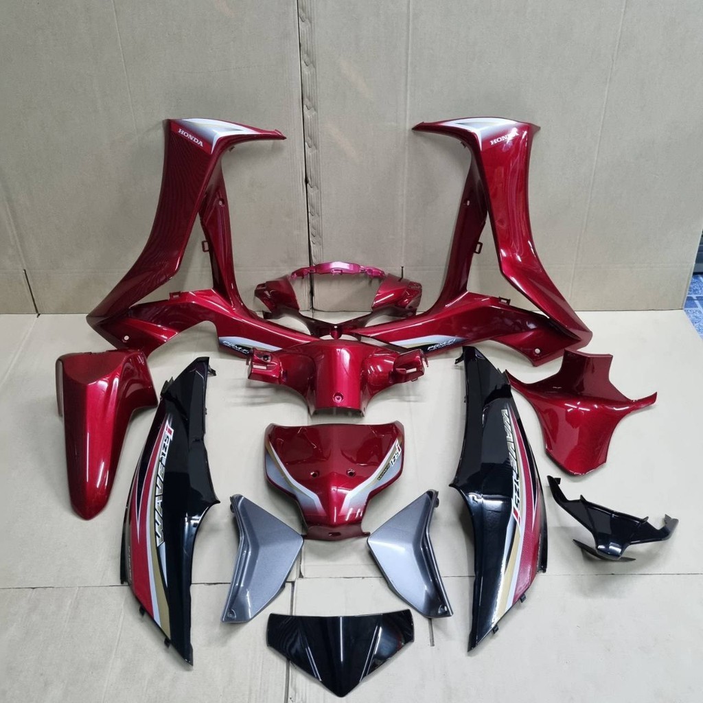 เวฟ wave125i ปลาวาน 2012 ชุดสีมอเตอร์ไซค์ กาบรถ เฟรมรถ แฟริ่งรถ สีแดงท้ายดำ ติดลาย ยกชุด13ชิ้น