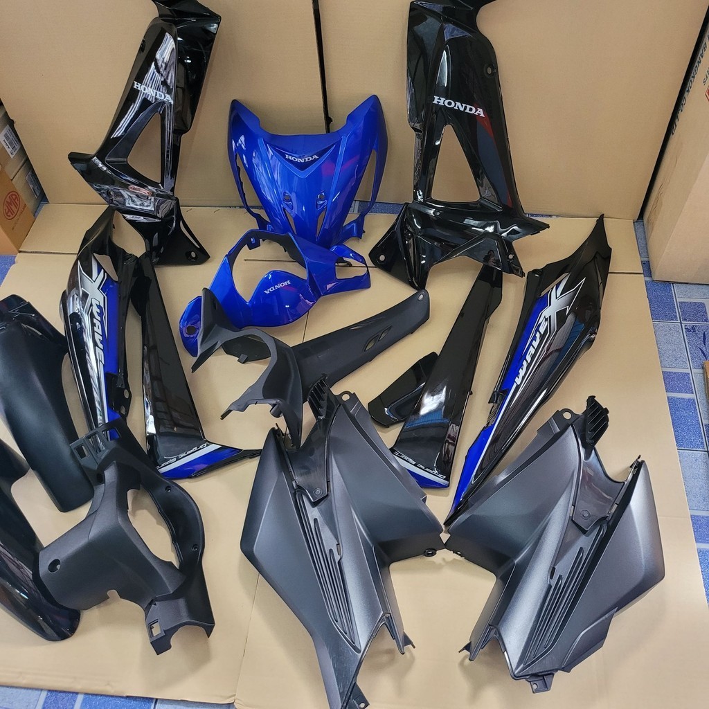 wave100x เวฟ125x ชุดสีมอเตอร์ไซค์ กาบรถ เฟรมรถ แฟริ่งรถ สีน้ำเงินดำ ติดลาย ยกชุด10ชิ้น พร้อมชิ้นดำด้าน5ชิ้น