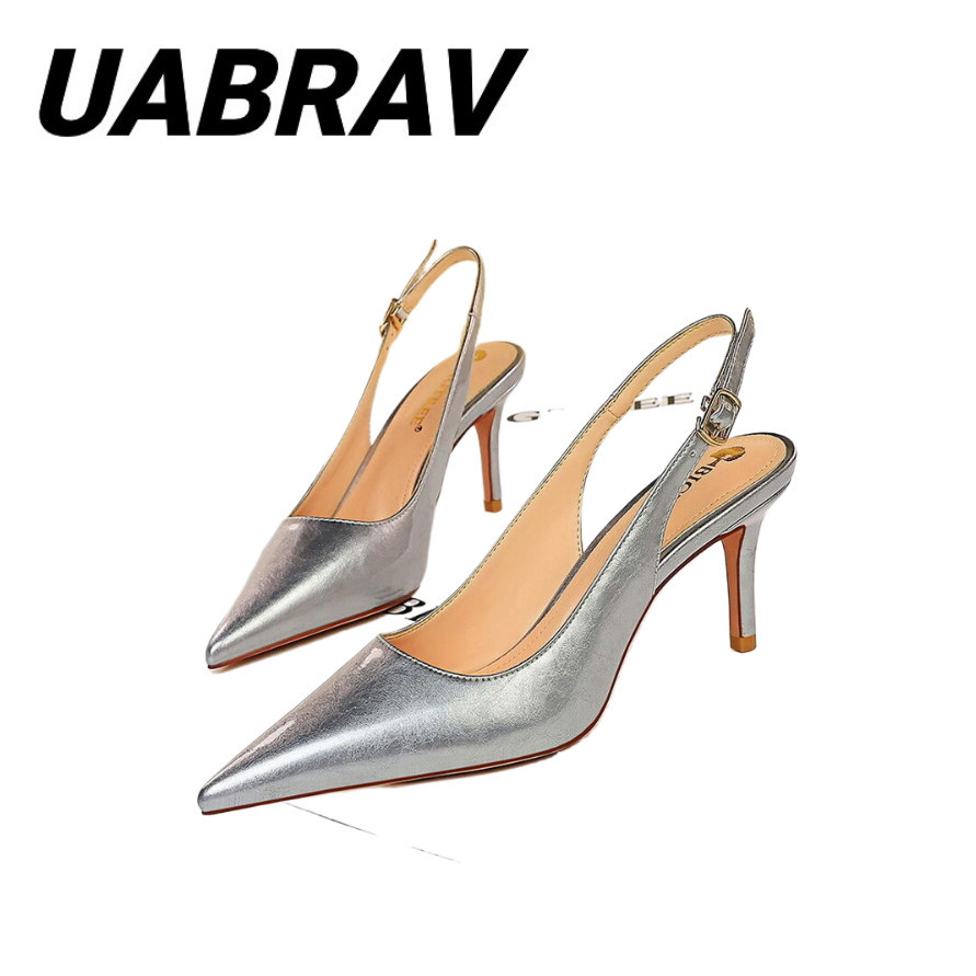 UABRAV.รองเท้าส้นสูง หนังนิ่ม ส้นกลาง ขนาดเล็ก สีเงิน สไตล์ฝรั่งเศส สําหรับผู้หญิง(ขนาด:35-40)