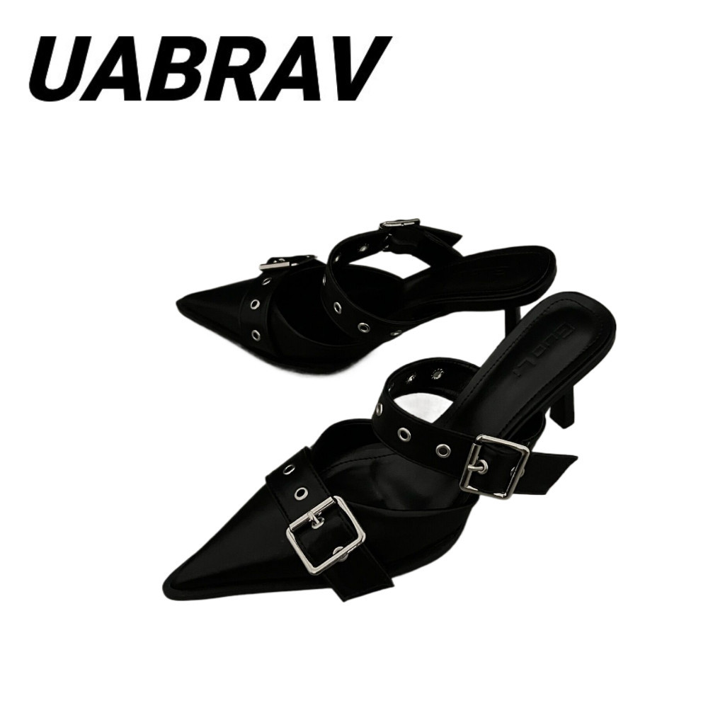 UABRAV.รองเท้าส้นสูง หัวแหลม แต่งหัวเข็มขัดโลหะ สไตล์ยุโรป และอเมริกา สําหรับผู้หญิง(ขนาด:35-40)