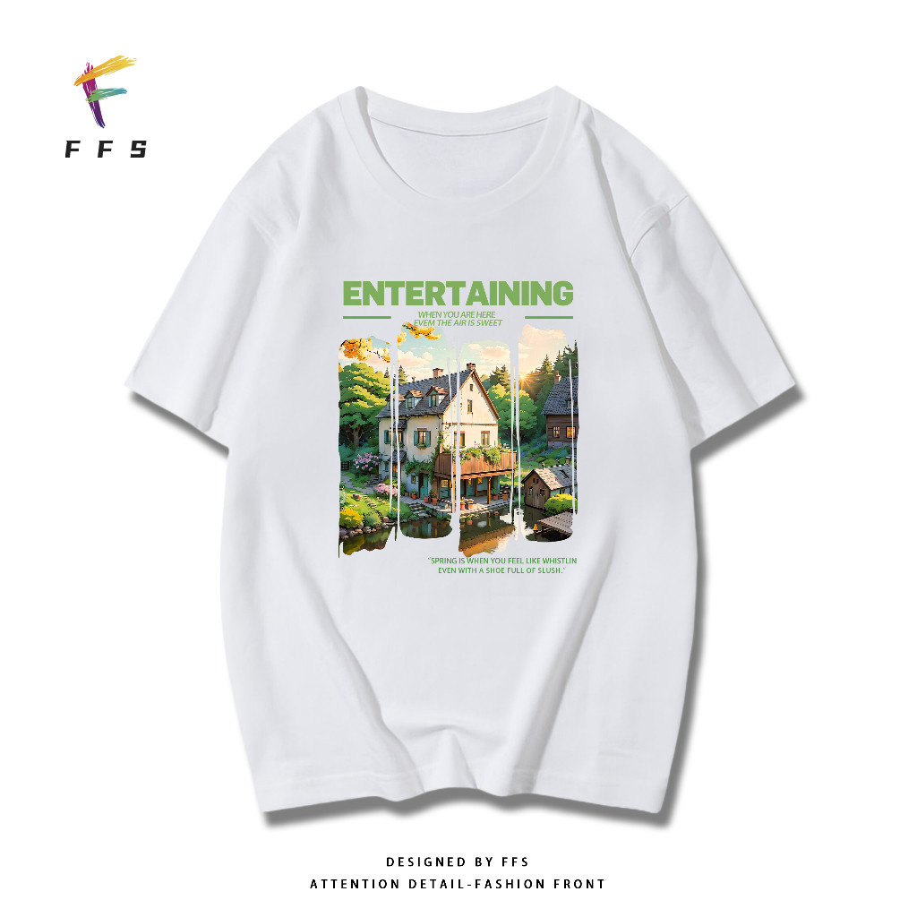 เสื้อยืดแฟชั่น ลายทิวทัศน์ คอกลม แขนสั้น เนื้อผ้านุ่มใส่สบาย