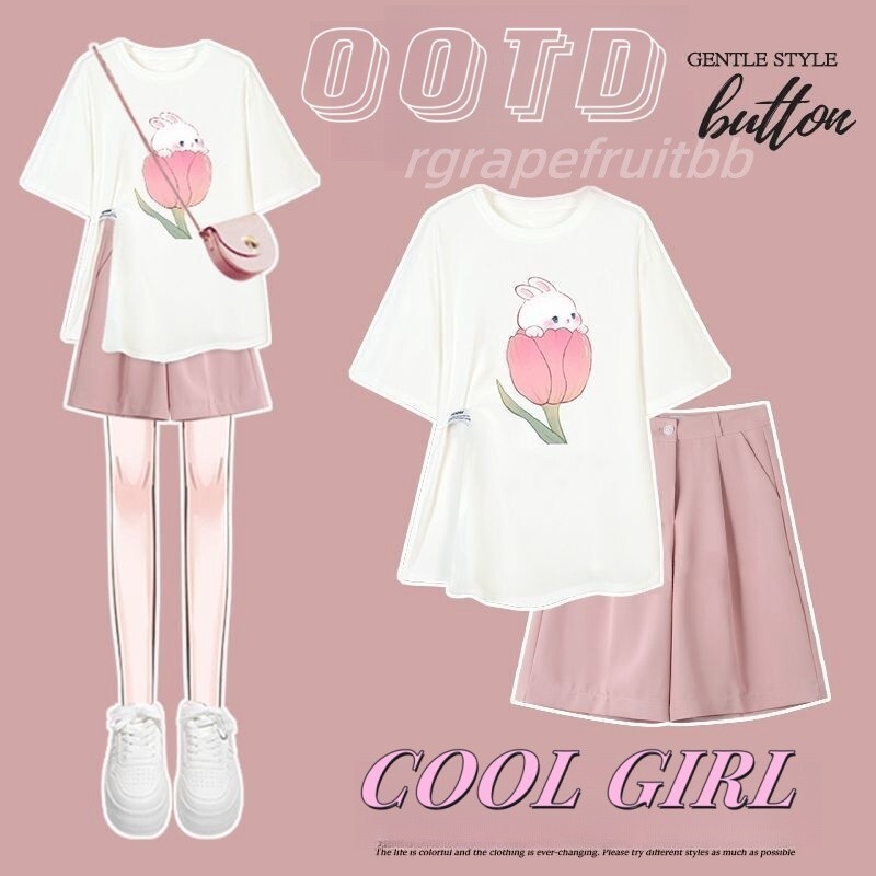 แฟนตาซี:🎀ชุดเซท2ชิ้น⭐️เสื้อยืดแขนสั้น+กางเกงขาสั้นลำลอง น่ารักมากก แฟชั่นสไตล์เกาหลี 4ลาย ทรงหลวม⭐️แฟชั่นฤดูร้อน สําหรั