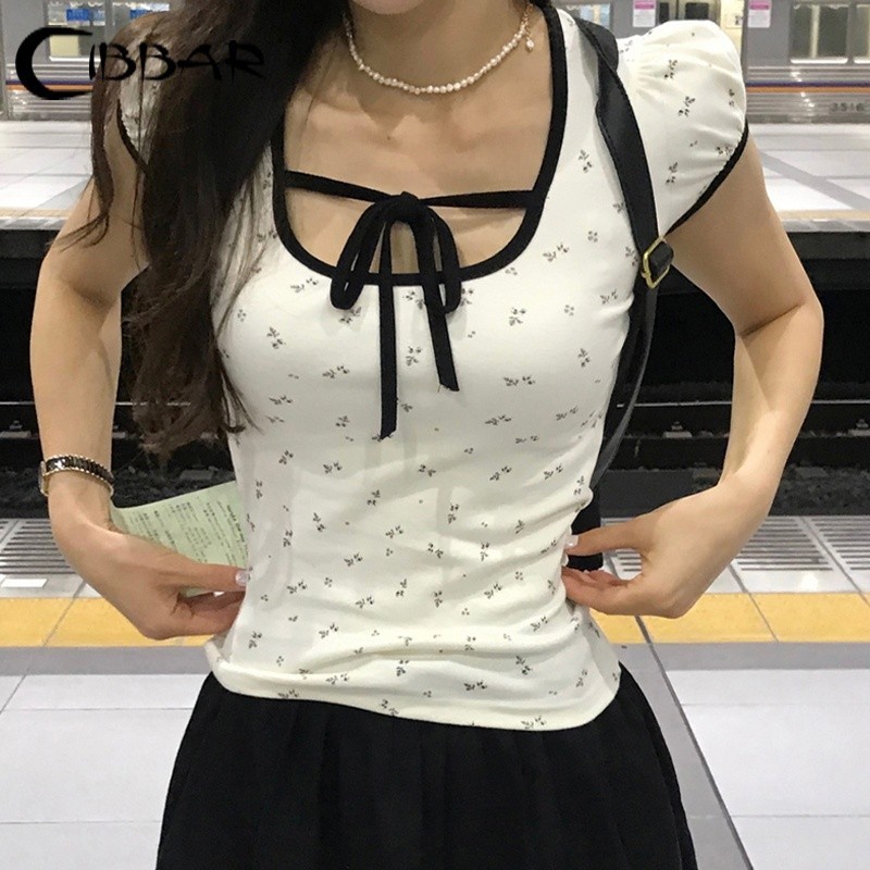 【COD】CIBBAR Cute y2k Floral Print Crop Top Chic Bandage Square Collar Puff Sleeve T Shirts Vintage W