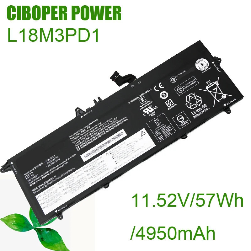 CP แบตเตอรี่แล็ปท็อป L18M3PD1 11.52V/57Wh/4950MAh สำหรับ T490s T495S T14S L18L3PD1 02DL016 L18C3PD2 