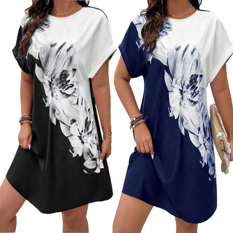 【COD】FE2024 Europe and America   Hipster round Neck 3D Flower Print Loose Hem Women's T T-shirt Dres