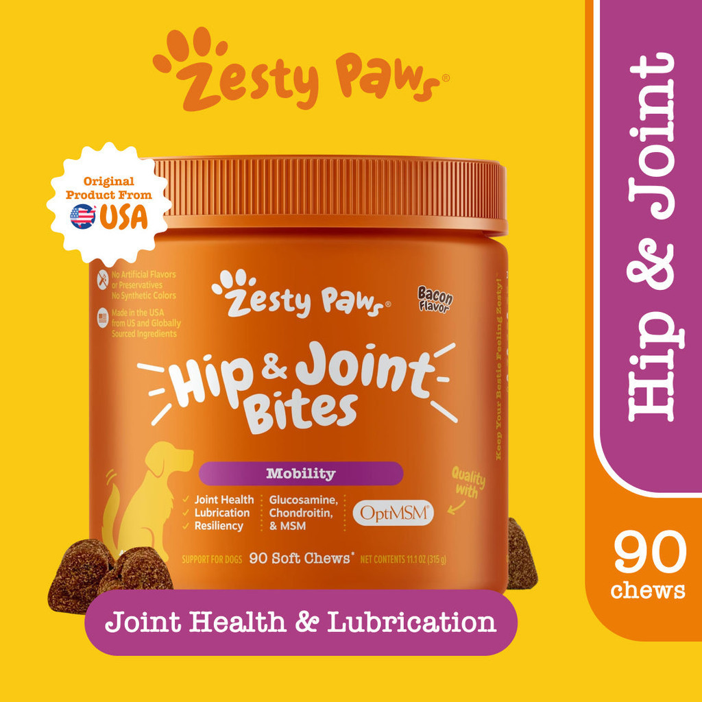 Zesty Paws Hip & Joint Mobility Bites [รสเบคอน] (แบบนุ่ม 90 เม็ด) (หมดอายุ:01 2026) [อาหารเสริมสำหรับสุนัขมี กลูโคซามีน คอนดรอยติน ช่วยบำรุงกระดูก ข้อต่อและเอ็น]