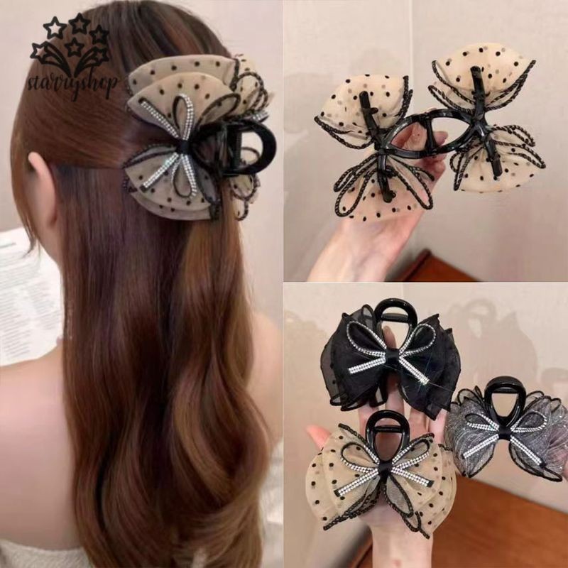 starryshopSparkling Bow Hair Clip Polka Dot Gauze Bubble Hair Claw Clip High-end Hair Claw Clip