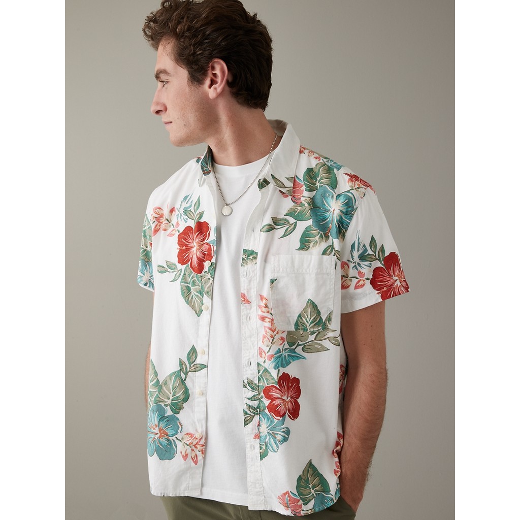 American Eagle เสื้อเชิ้ตผู้ชาย RIO FLORAL REVERSE PRINTED TWILL SHIRT สี AIR WHITE - 015-6033-101