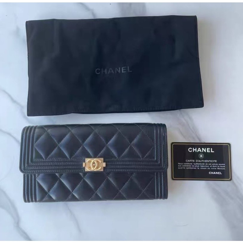 Chanel มือสอง BOY A80286 หนังลิ้นจี่ หนังวัว หนังแกะซิปสีดำกระเป๋าคลัทช์คลิปยาวกระเป๋าสตางค์กระเป๋าส