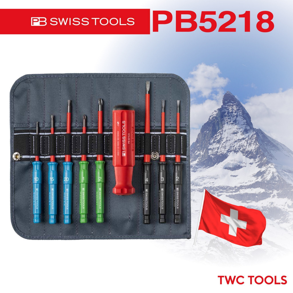 PB 5218 ชุดไขควงซองผ้า หุ้มฉนวน VDE กันไฟฟ้า 9 ตัวชุด เปลี่ยนหัวได้ แฉก แบน ทอร์ค PB SWISS TOOLS สวิส