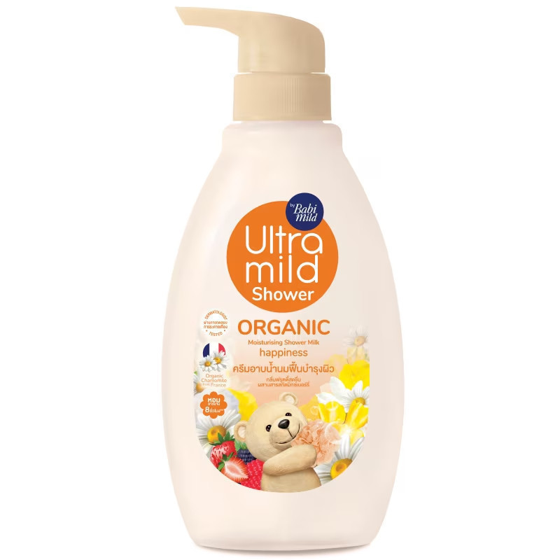 Babi Mild Ultra Mild Organic Moisturizing Shower Milk Happiness 380 Ml. เบบี้มายด์ อัลตร้ามายด์ ครีมอาบน้ำนมฟื้นบำรุงผิว กลิ่นแฮปปี้เนส 380 มล.