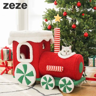 ❃۩❍zeze Christmas Train Cat Climbing Frame ครอกแมวแบบบูรณาการในฤดูหนาวที่อบอุ่นและทนต่อการสึกหรออุปกรณ์ของเล่นแมว