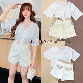 S มือ1 NITTAYA ชุดเซ็ตเสื้อแต่งโบว์หน้า กางเกงขาสั้นทูโทน ใส่น่ารักสุดๆ ป้าย NITTAYA