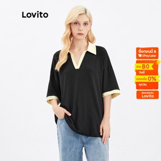 Lovito เสื้อยืดทรงโปโล คอวี สีพื้น โอเวอร์ไซซ์ L30AD007 (สีดํา)