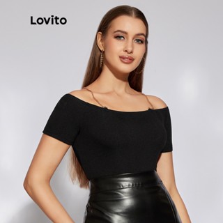 Lovito เสื้อยืดผู้หญิง เปิดไหล่ แต่งโซ่เซ็กซี่ แบบเรียบ L33LD091 (สีดำ)