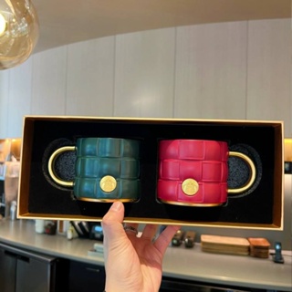 ▪✖Starbucks New Red Dark Green Christmas Classic Copper Seal Gold Edge Plaid Couple Ceramic Mark Pair Water Cup Gift Box