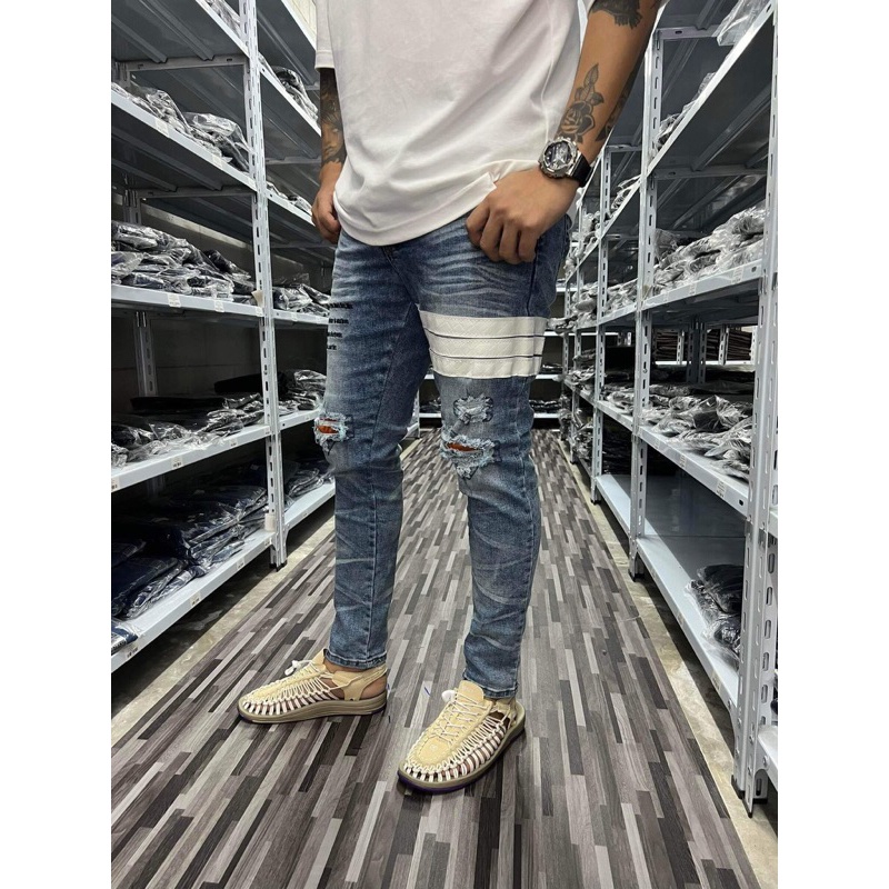 แป๊ะยีนส์ โกดังดำ789 KM06 ไซส์ 28-36 เดฟยืดฟอกซีดแต่งขาดปะ