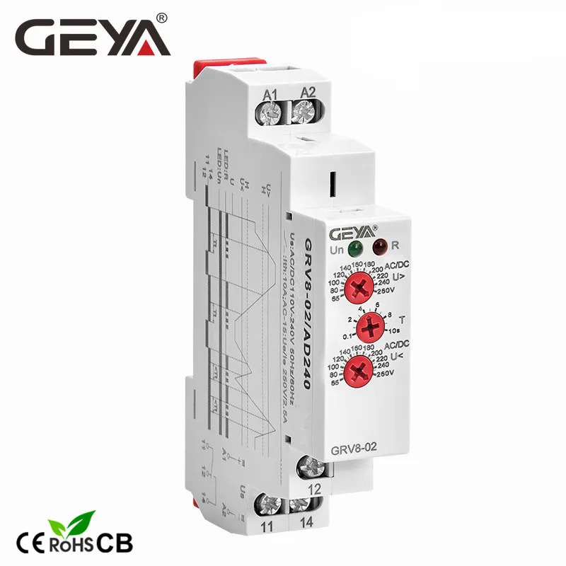 GEYA GRV8-02อุปกรณ์ตรวจสอบแรงดันไฟฟ้า Over-Voltage และ Under-Voltage รีเลย์ป้องกัน DC 12V 24V 48V 110V 220V 24