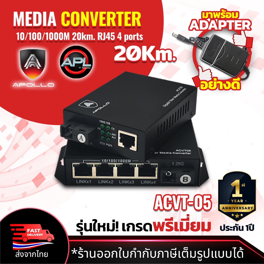 Apollo Media Converter Netlink รุ่น ACVT-05 มีเดีย คอนเวอร์เตอร์ 10/100/1000Mbps GIGABIT  20kg. ขายเป็นคู่ (A/B)